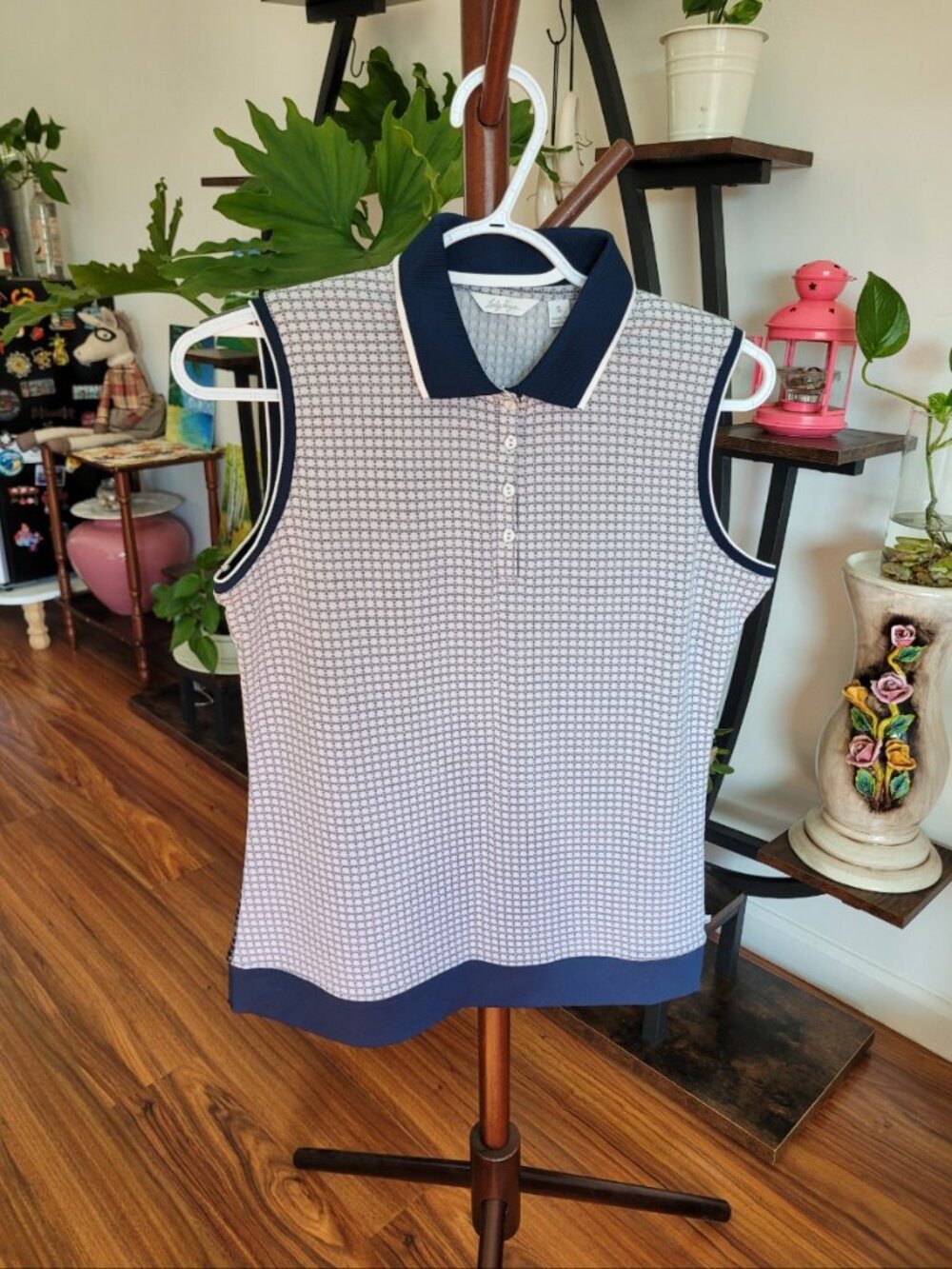 Lady Hagen Womens Sleeveless Golf Polo Shirt, Size Small, Navy Patterned Top